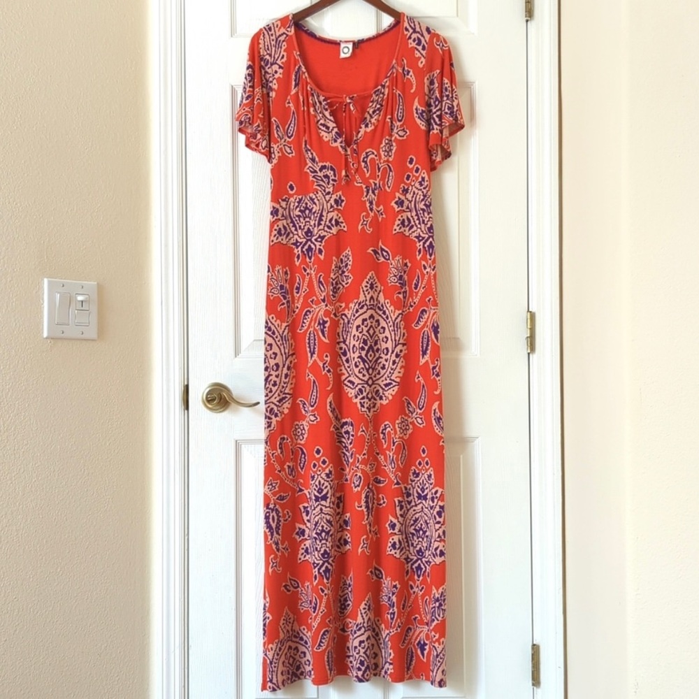 Anthropologie Akemi + Kin Correia Motif Short Sleeve V-neck Maxi Dress Orange S